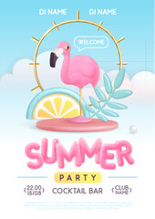 Summer disco party typography poster with 3D plastic text, flamingo and tropic leaves. Vector illustration