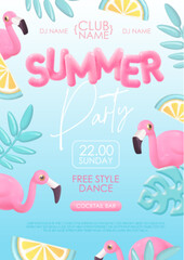 Summer disco party typography poster with 3D plastic text, flamingo and tropic leaves. Vector illustration