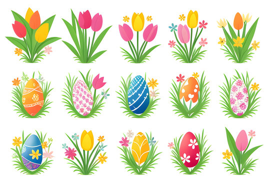 Set of Easter design elements. Eggs, chicken, butterfly, rabbit, tulips