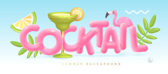 Fototapeta premium Summer cocktail disco party typography poster with 3D plastic text, cocktail, tropic leaves and flamingo. Vector illustration