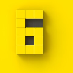 Volumetric number 6 from cubes on a yellow background. 3d render.