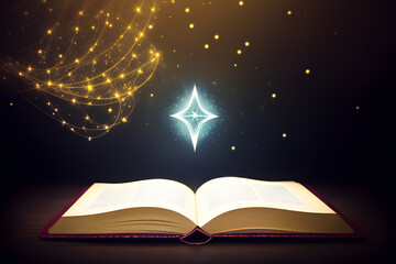 Magic Book With Open Pages And Abstract Lights Shining In Darkness - Literature And Fairytale Concept