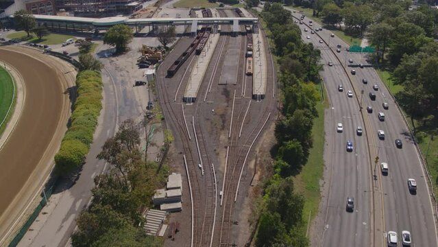 Aerial Drone Shot of Public Transportation Near UBS Arena at Belmont Park, NY