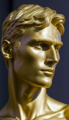 Obraz premium Young guy, fitness model, with pronounced cheekbones, antique god style photo, gold body paint, body art. Generative AI.