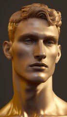 Young guy, fitness model, with pronounced cheekbones, antique god style photo, gold body paint, body art. Generative AI.