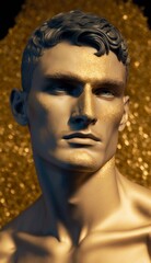 Statue in the style of ancient Greece, young man of gold, cheekbones, strong guy, majestic monument.. Generative AI.
