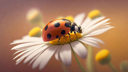 Obraz premium Macro shot of cute little ladybug with orange wings and black dotted hunting for plant. Generative AI