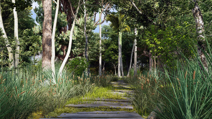 Fototapeta na wymiar environment 3d render landscape scene nature grass and trees illustration backdrop wall mural concept decoration 