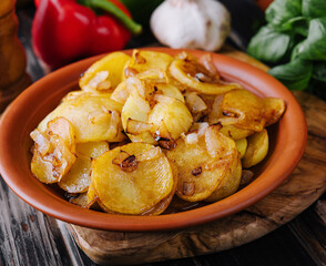 Fried potatoes with onions on wooden tray