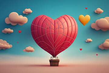 Fototapeta na wymiar Air balloon in form of red heart with clouds around, valentines day celebration, AI generated