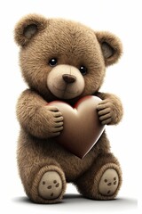 Cute adorable teddy bear holding a brown red heart on a white background - Generative AI
