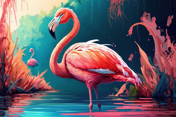 Colorful background with flamingo, AI generated