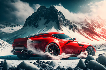 Red sport concept car in the snow mountains, AI generated