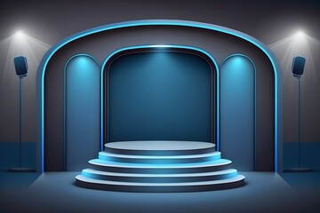 Abstract 3d blue podium with t room with glowing neon lights. Mockup for product display presentation, AI generated