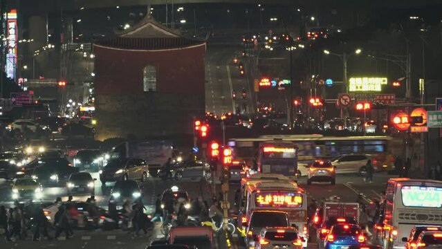 Bokeh circles of  busy intersection in Taipei North Gate. Taiwan