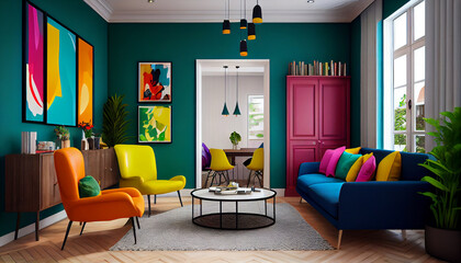 Bold and Bright Living Room Design, Generative AI