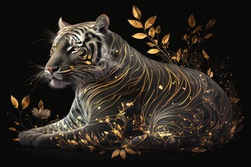 Obraz premium Tiger with golden ornament and leaves on black background, Generative AI