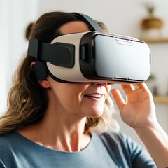 smiling senior woman in virtual reality headset at home. Generative AI
