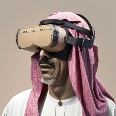 Portrait of an arabian man wearing a virtual reality headset. Generative AI