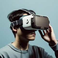 Young man using virtual reality headset. Studio shot over grey background. Generative AI