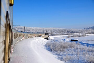 Polar Express in Kiruna in winter scenery. Kiruna is city with iron ore mine. Sweden, Arctic Circle, Swedish Lapland