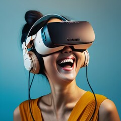 Young woman wearing virtual reality goggles. Future technology and entertainment concept. Generative AI