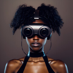 Beautiful african american woman wearing virtual reality goggles. VR headset. Generative AI