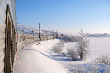Polar Express in Kiruna in winter scenery. Kiruna is city with iron ore mine. Sweden, Arctic...