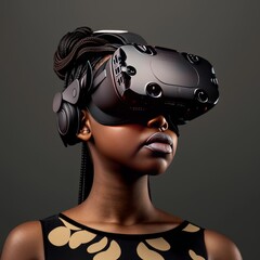 Beautiful african american woman wearing virtual reality headset. Generative AI