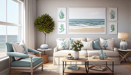 Chic and Coastal Living Room Decor with a Serene Sea Beach Setting, Generative AI