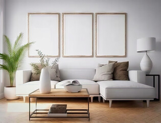 Mockup frame in modern home interior background. Mockup wall. Generative AI