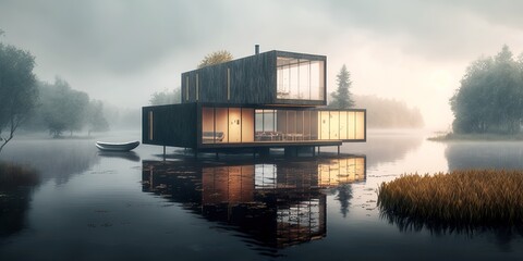Contemporary modern building in the middle of a lake, generative ai - obrazy, fototapety, plakaty