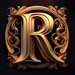 r letter in a golden monogram relief, generative AI
