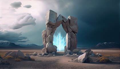 Energy portal emanating from the ground among rocks, generative ai