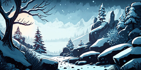 Snowy forest, 2d game art, concept art, gaming background generated ai