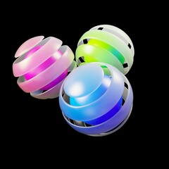 Balls of different colors and transparency on a black background for decoration and design