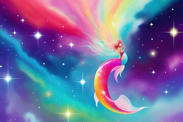 Obraz na płótnie Canvas Abstract rendering illustration of a splash of a painted mermaid setting in an artistic multicolored galaxy background