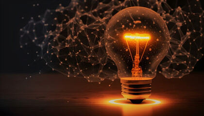 Orange light glowing inside of lightbulb with connection line for creative thinking idea and problem solving knowledge education concept, light bulb on black background, generative AI
