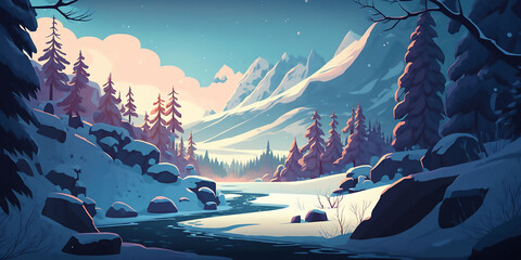Snowy forest, 2d game art, concept art, gaming background generated ai