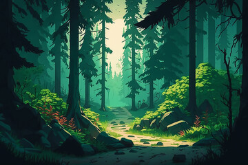 A painting of a path through a forest, a detailed matte painting, environmental art, 2d game art, background generated ai