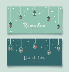 Ramadan Kareem. Set of Islamic greeting card with arabic lamp. Vector holiday illustration in green colors for greeting card, poster and banner.