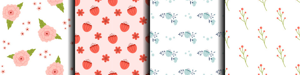 Vector set of botanical seamless pattern with flowers, leaves and berries. Collection of backgrounds in red, pink and blue colors. Spring floral patterns in flat design.