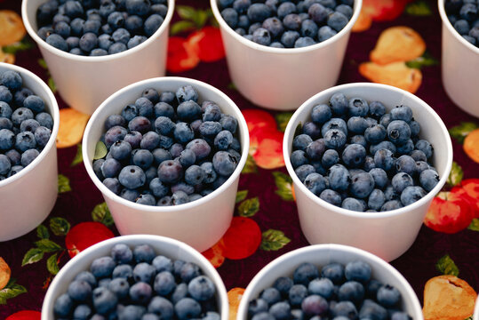 High angle view of blueberries in containers for sale on table at store