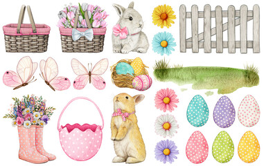 watercolor hand drawn easter themed elements