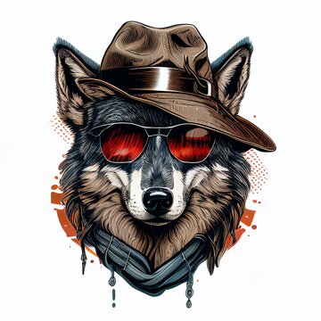 wolf with sunglasses wearing hat vector Generative AI