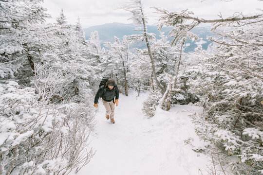 Full length of hiker walking in forest during winter