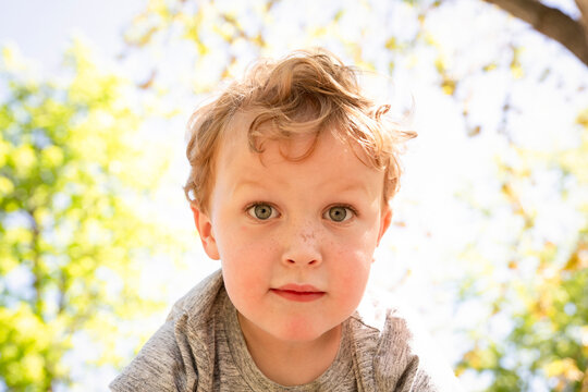Close-up portrait of cute boy at park