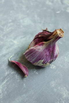 Close-up of purple garlic bulb on table