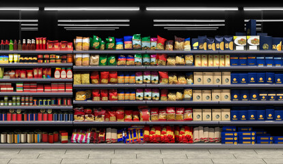 Pasta, spaghetti, Fusilli, Lasagna with Sauce packagings on shelf.

Pasta Packaging in a supermarket on a shelf. Suitable for presenting new product plans and new packaging among many others.