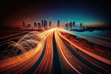 Obraz na płótnie Canvas Smart digital city with high speed light trail. Generative AI